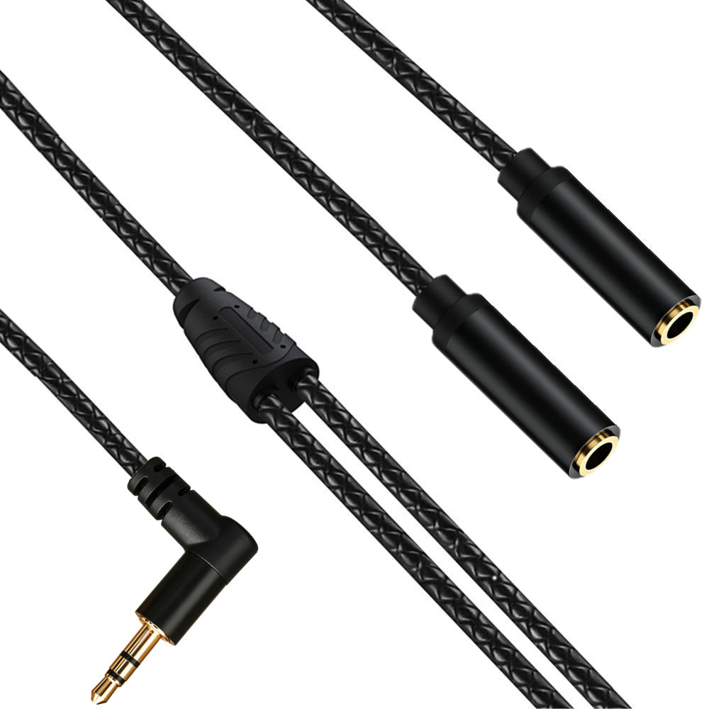 Diagonal view of a black braided Y audio cable with one right-angle male plug and two straight female sockets