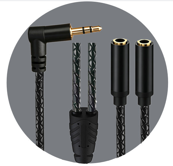 Right-angle TRS male plug, two female sockets and a braided Y junction against a grey circular background