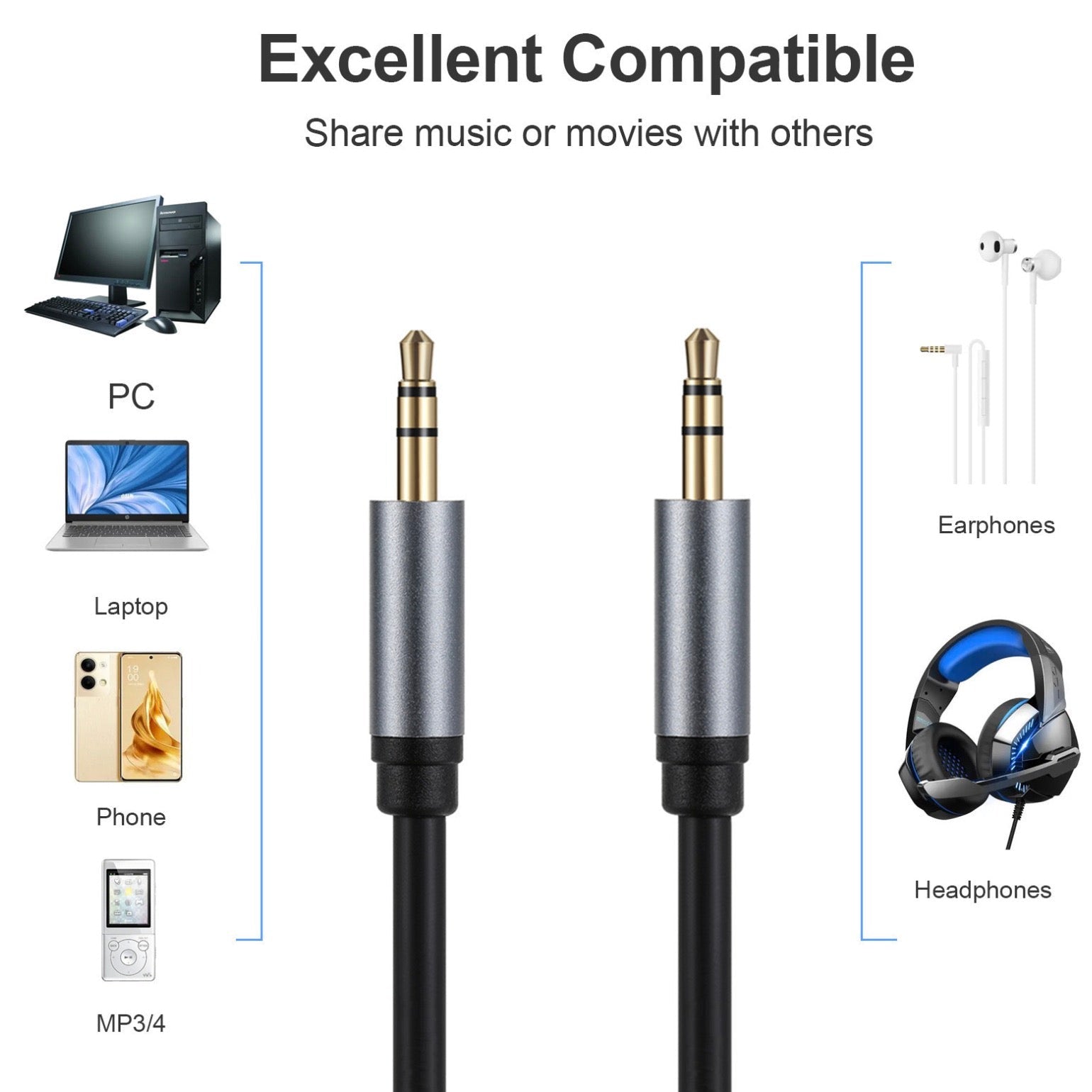 3.5mm 3 pole male to male stereo AUX audio cable available in 0.3m 1m 1.8m 3m 5m and 10m lengths