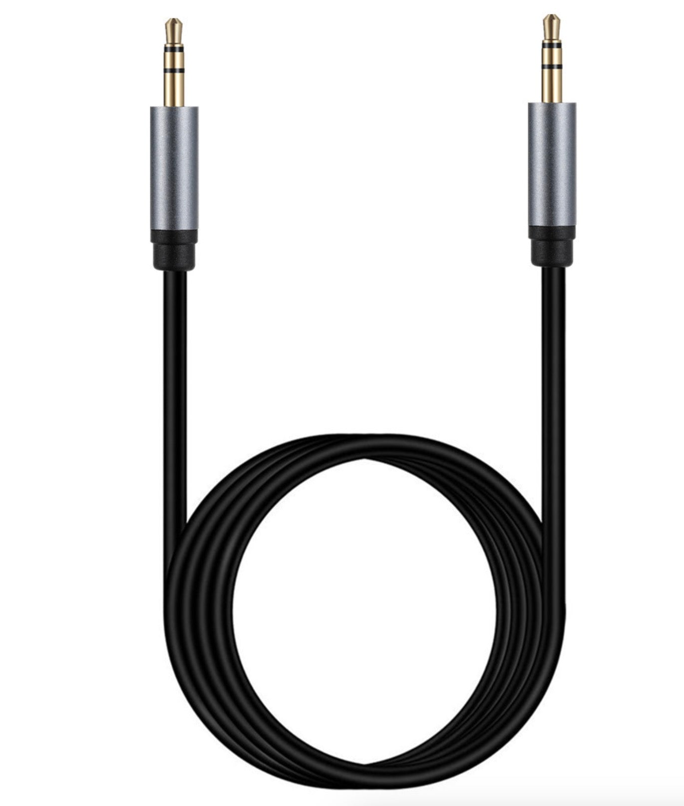 3.5mm male to male stereo AUX cable showing complete cable assembly and connector design