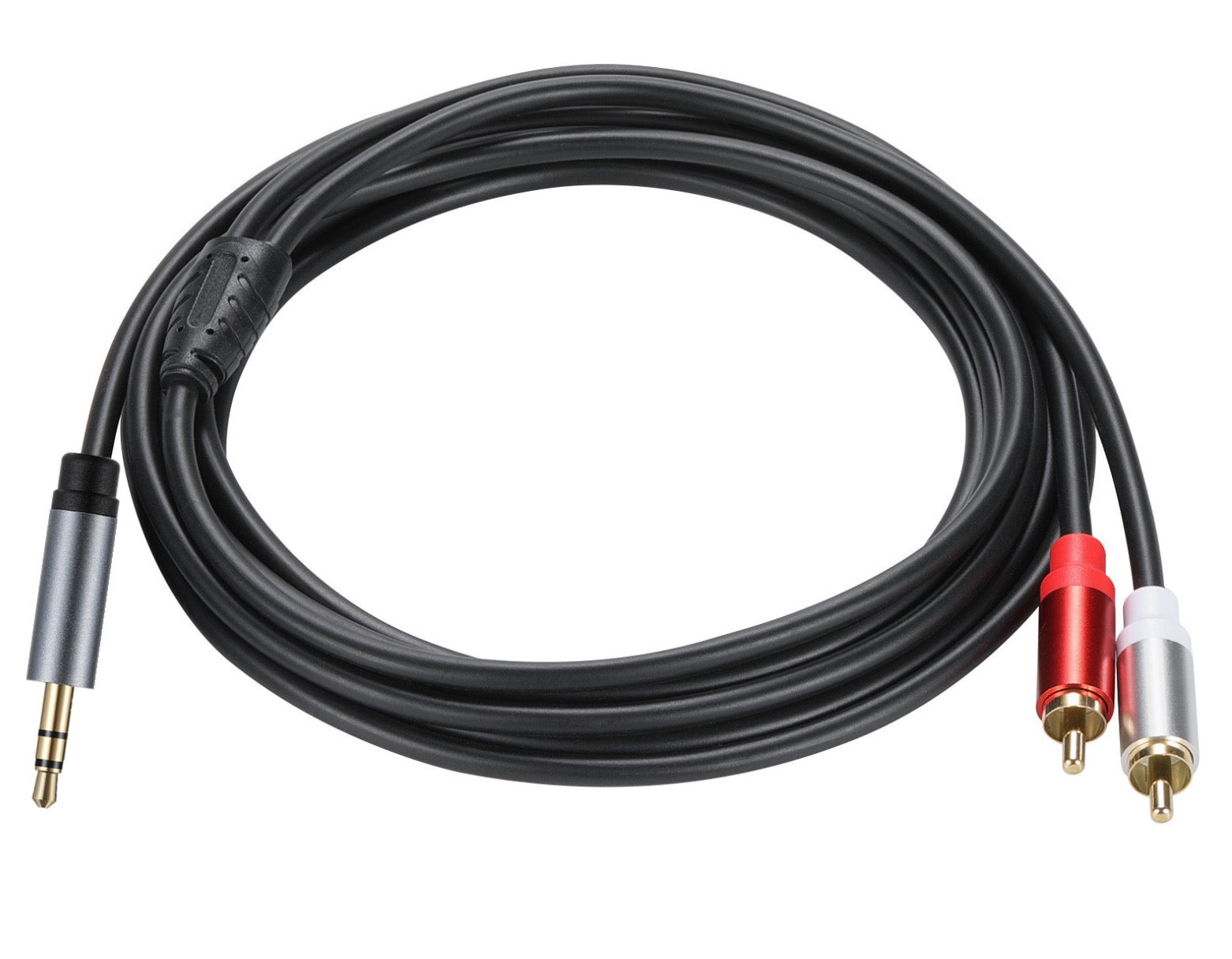 Coiled 3.5mm stereo to dual RCA phono audio cable for home entertainment systems