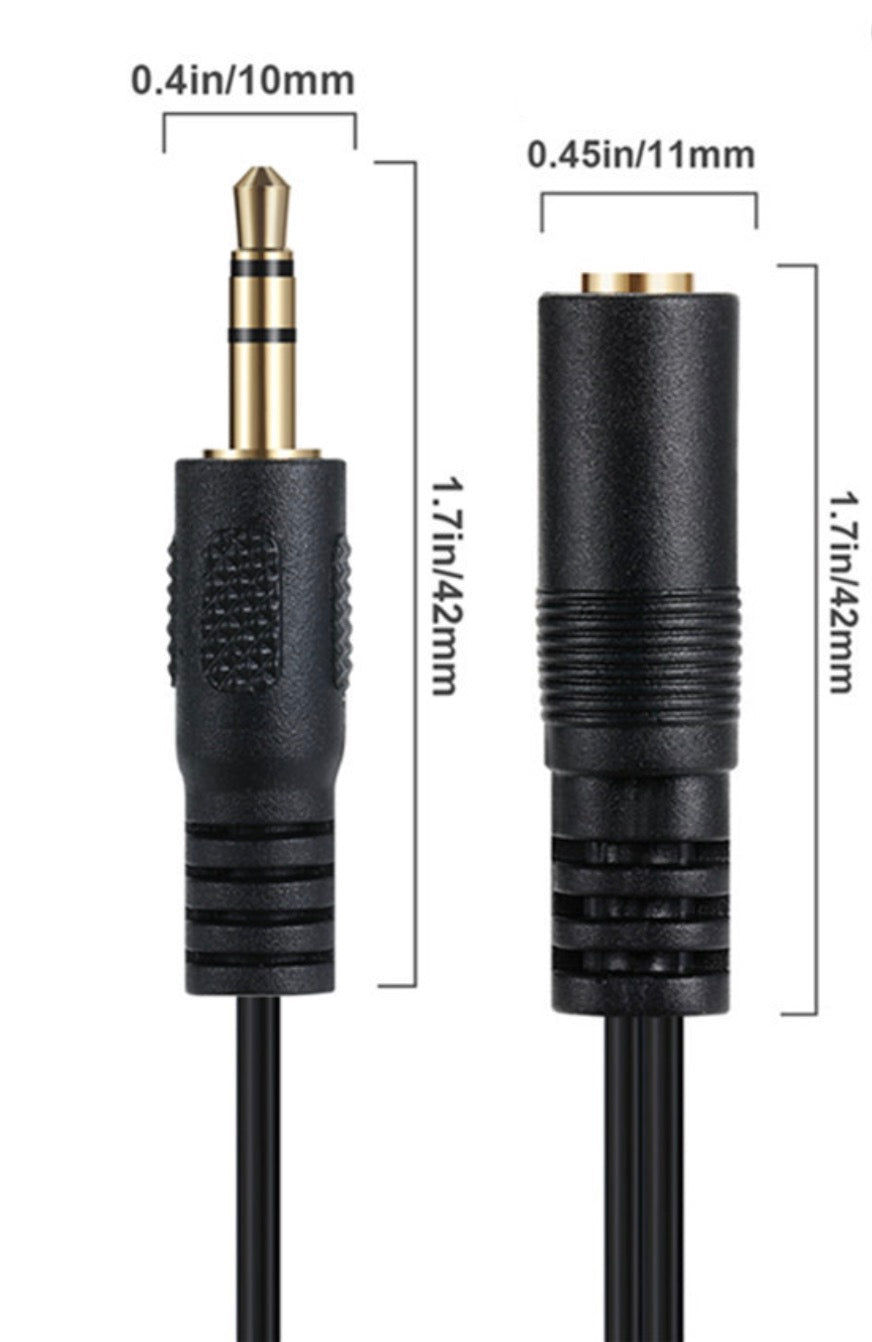 Measurement chart of audio cable connectors with dimensions labeled.