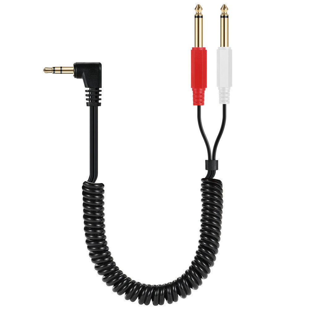 3.5mm TRS right angle male to dual 6.35mm TS mono coiled audio splitter cable
