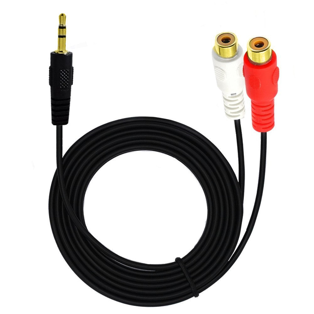 3.5mm stereo male to dual RCA female audio splitter cable connected to home Hi-Fi equipment
