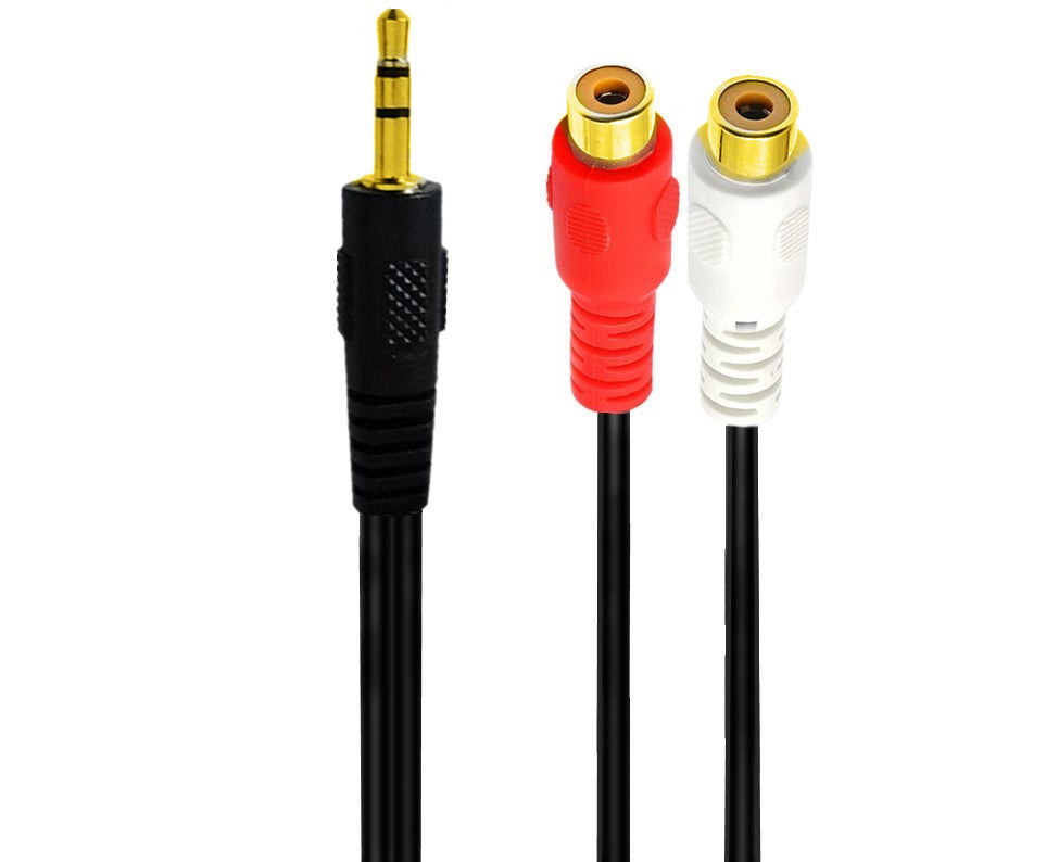 3.5mm stereo to dual RCA female audio adapter cable connecting a laptop, amplifier and home stereo system