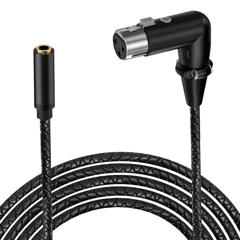 Black audio cable with XLR and 3.5mm connectors on a white background