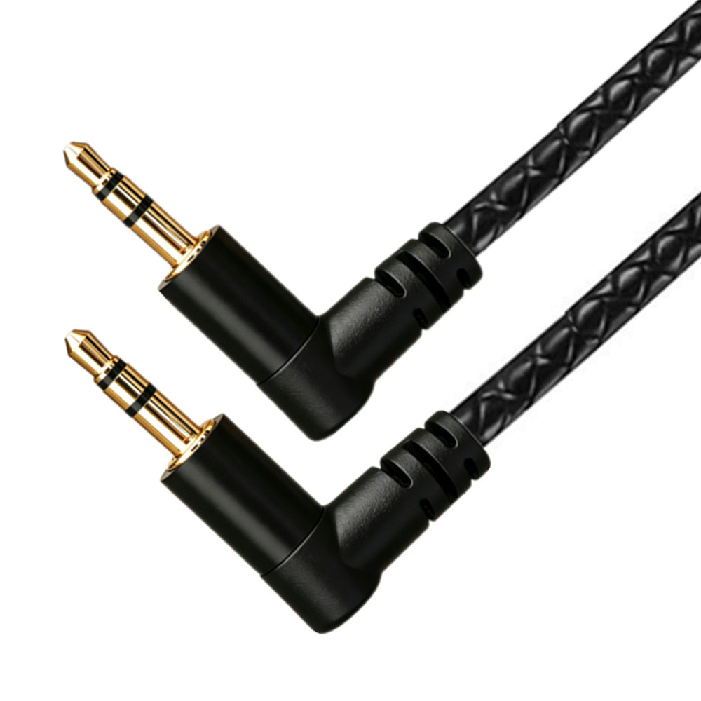 Close-up of two angled 3.5mm TRS plugs showing their contacts, black housings and cable strain relief