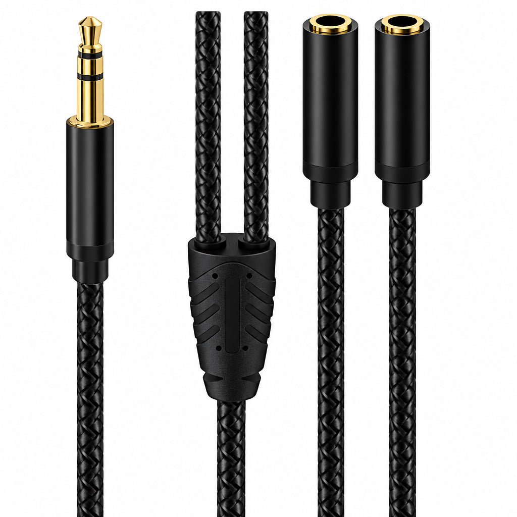 Black braided 0.3m 3.5mm TRS audio splitter with one male plug and two female sockets