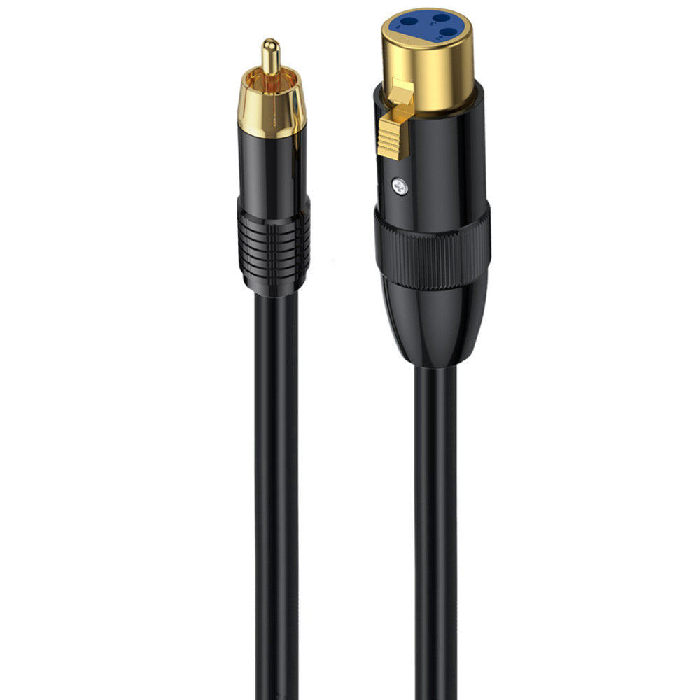 An XLR to RCA Phono Audio Cable with black cables and gold-plated connectors.