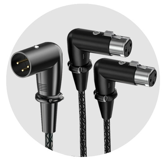3-pin XLR Y splitter cable with 1 male to 2 female right-angle XLR connectors 