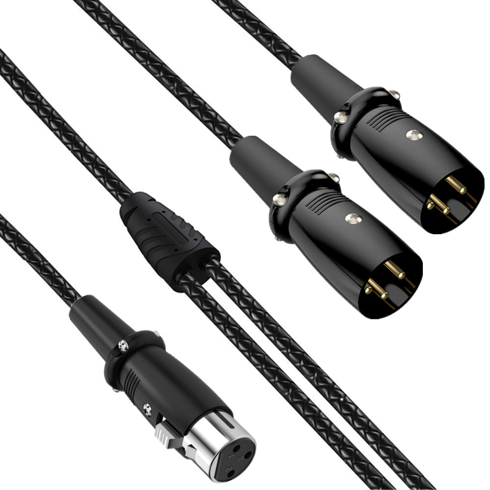 Three black audio cables with different connectors on a white background