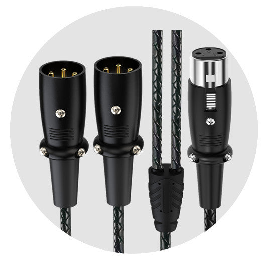 Two XLR male connectors and two XLR female connectors on a white background