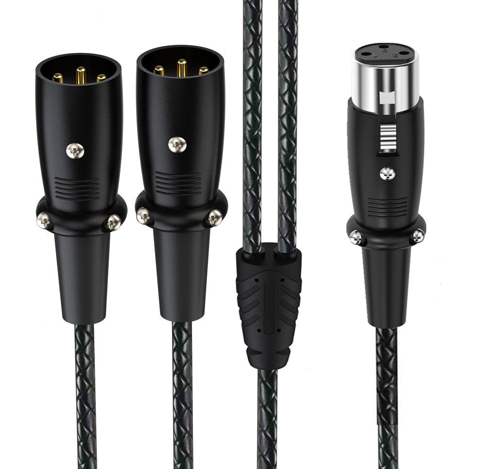 Two XLR male connectors and one XLR female connector on a white background