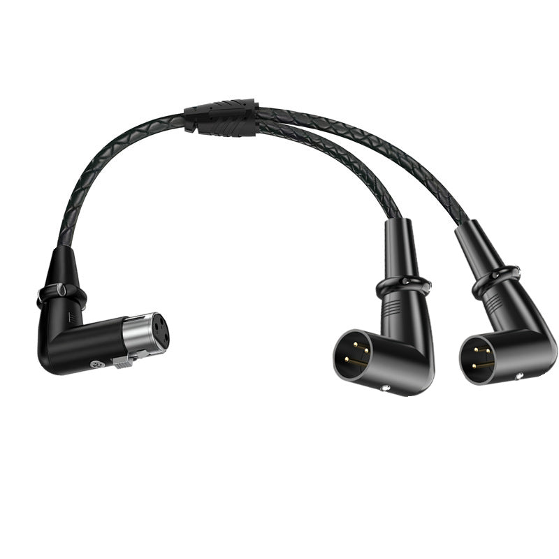 Black XLR cable with three connectors on a white background