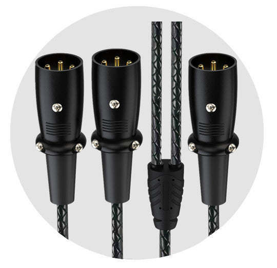 Pair of black audio cables with XLR connectors on a white background