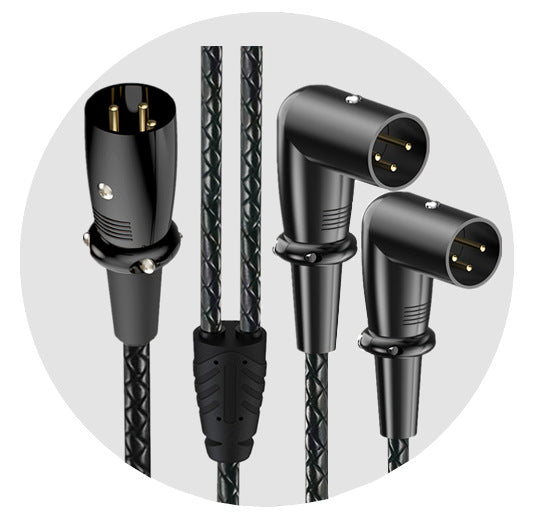 Black audio cable with XLR connectors on a white background