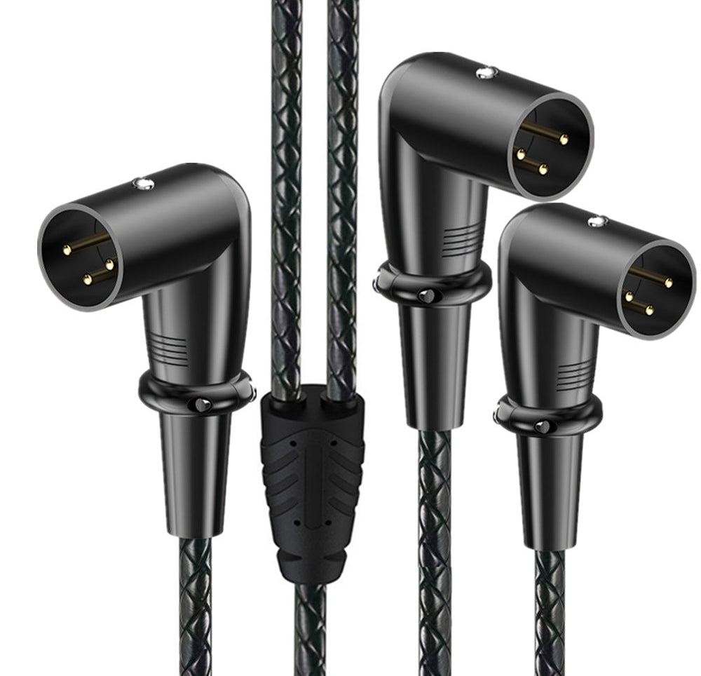 Black audio cable with XLR connectors on a white background