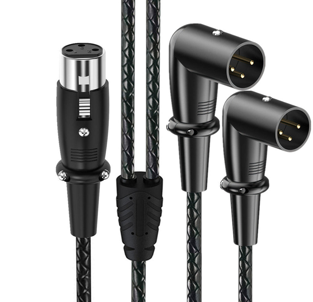3-pin XLR splitter cable with right-angle XLR female and dual XLR male connectors and braided audio cable