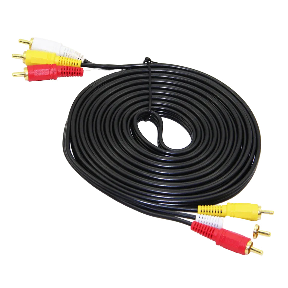 Coiled audio/video cable with RCA connectors on a white background