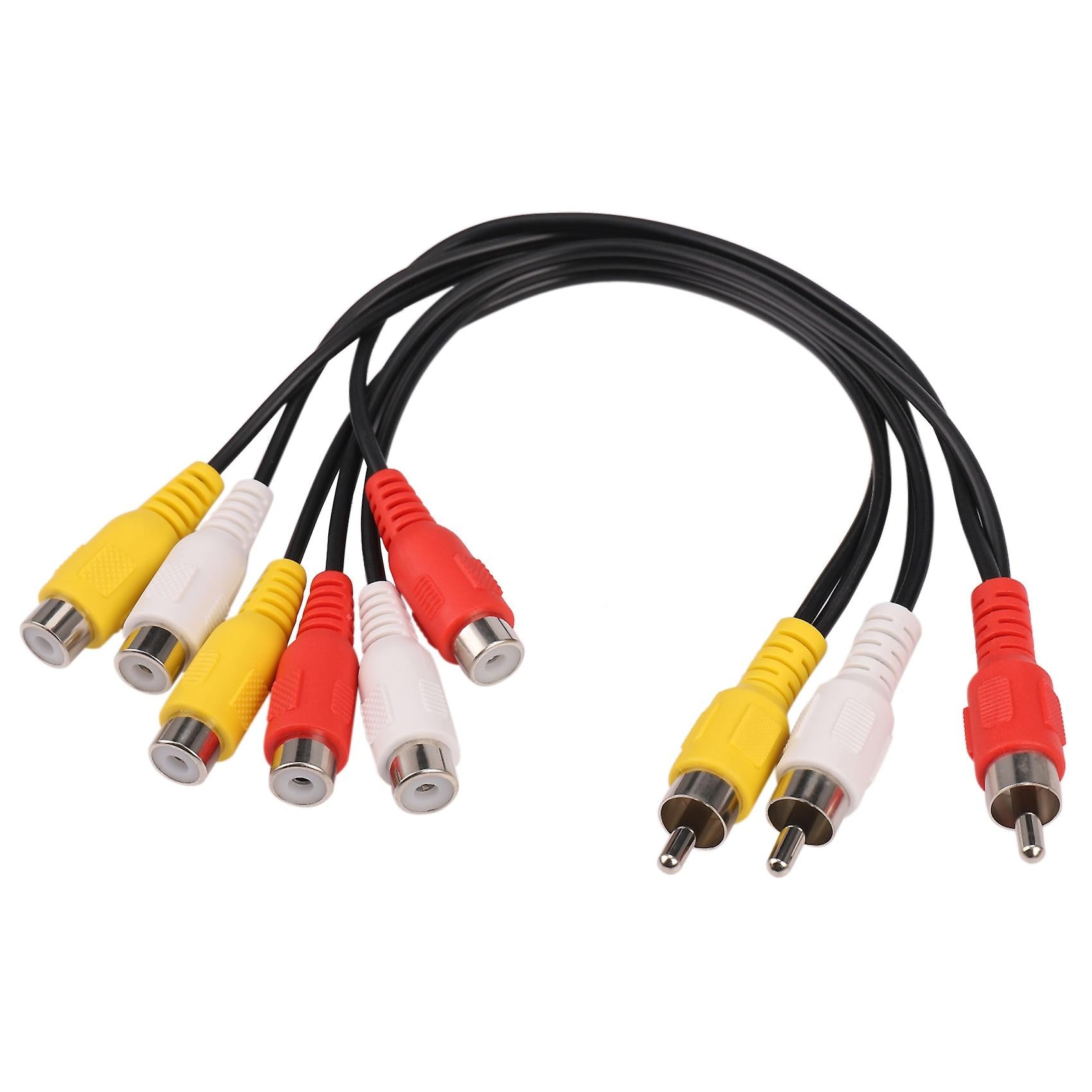 3 RCA male to 6 RCA female audio video composite AV splitter extension cable with colour-coded connectors