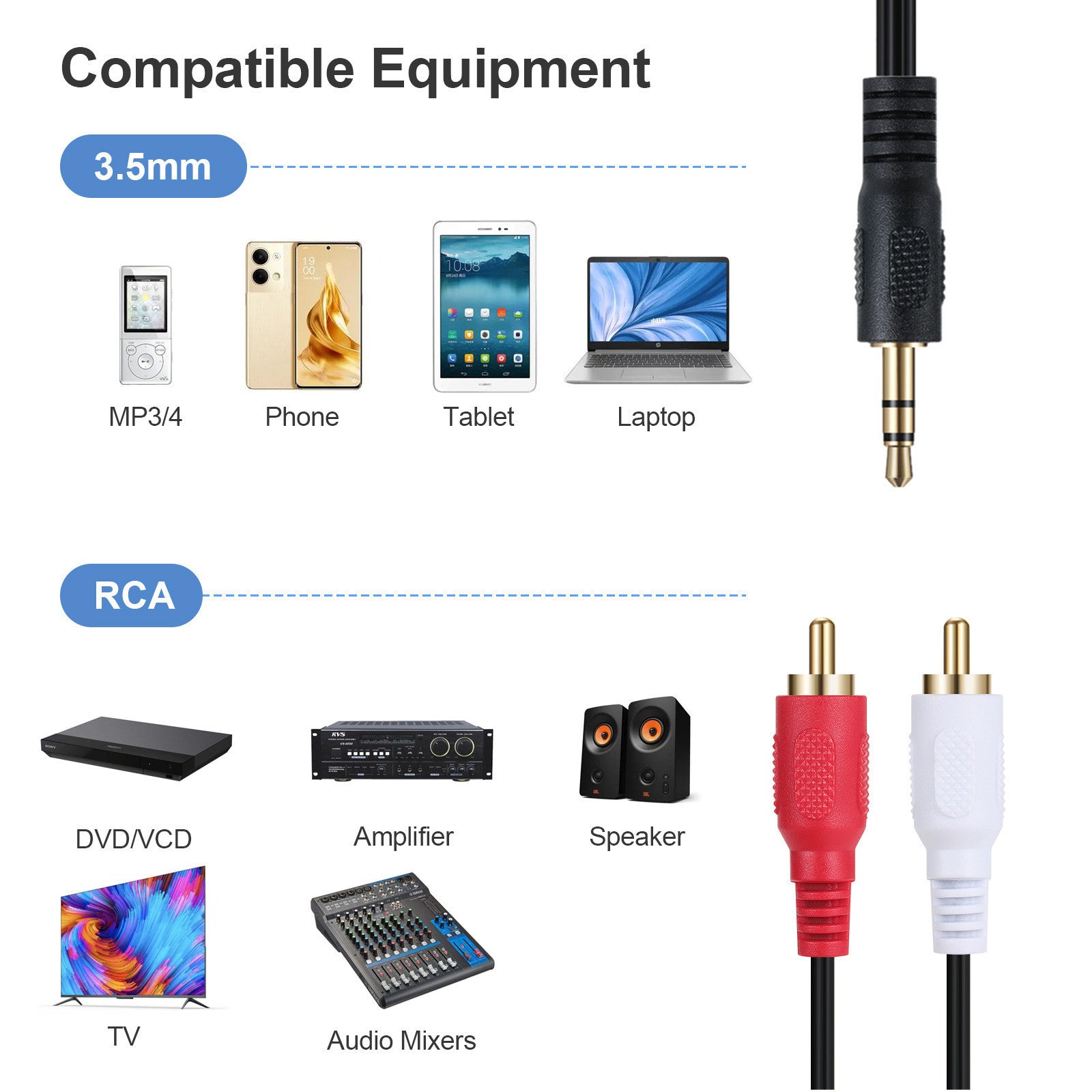 3.5mm Male to 2 x RCA Male Audio Y Splitter Cable