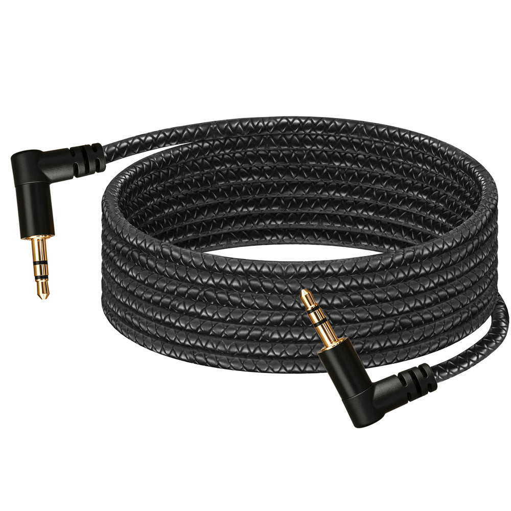 Coiled black braided 3.5mm stereo audio cable with two right-angle male connectors