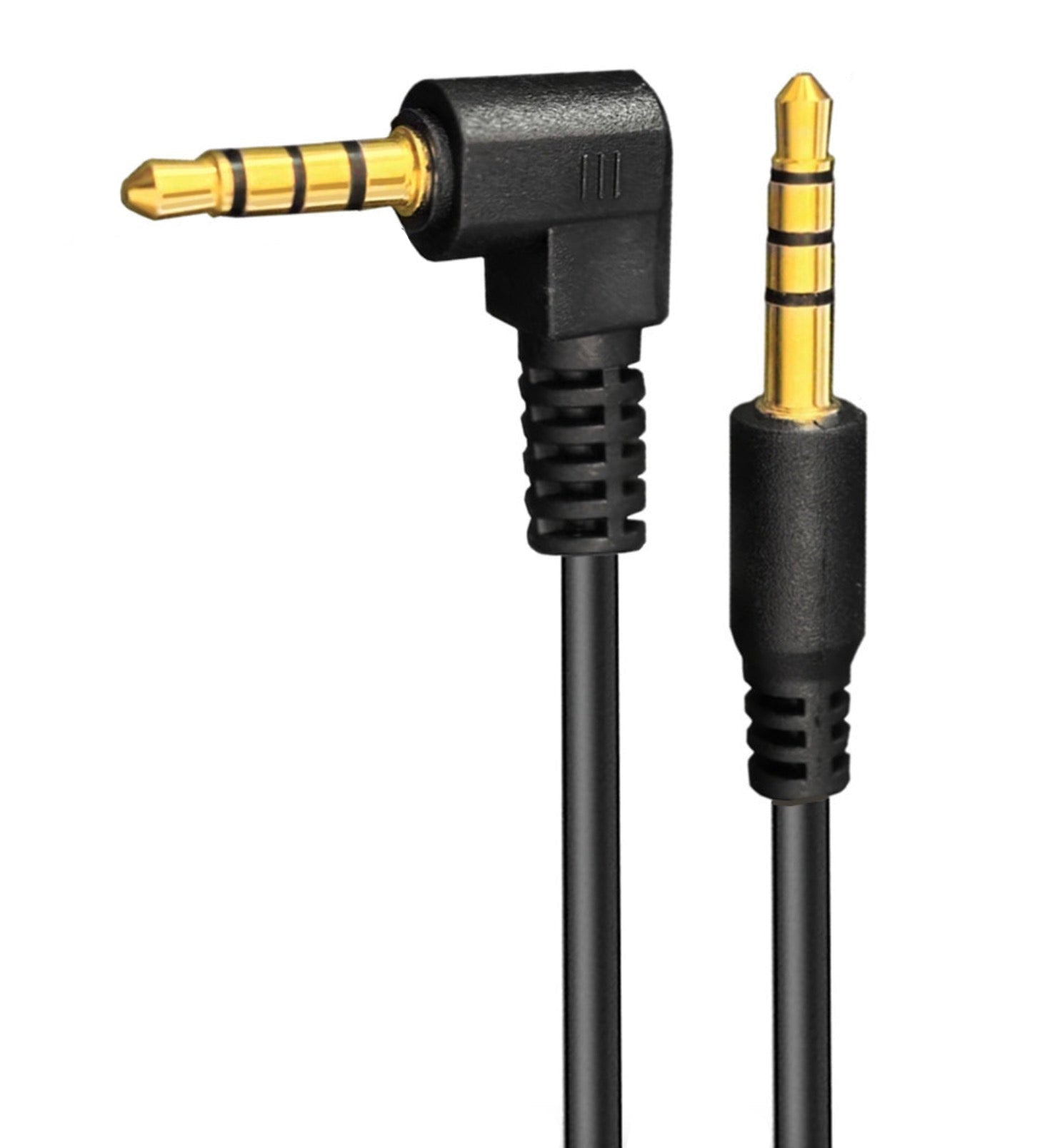 3.5mm 4-pole male to male audio cable with 14mm right-angled jack and 17mm long tip connector for car AUX use
