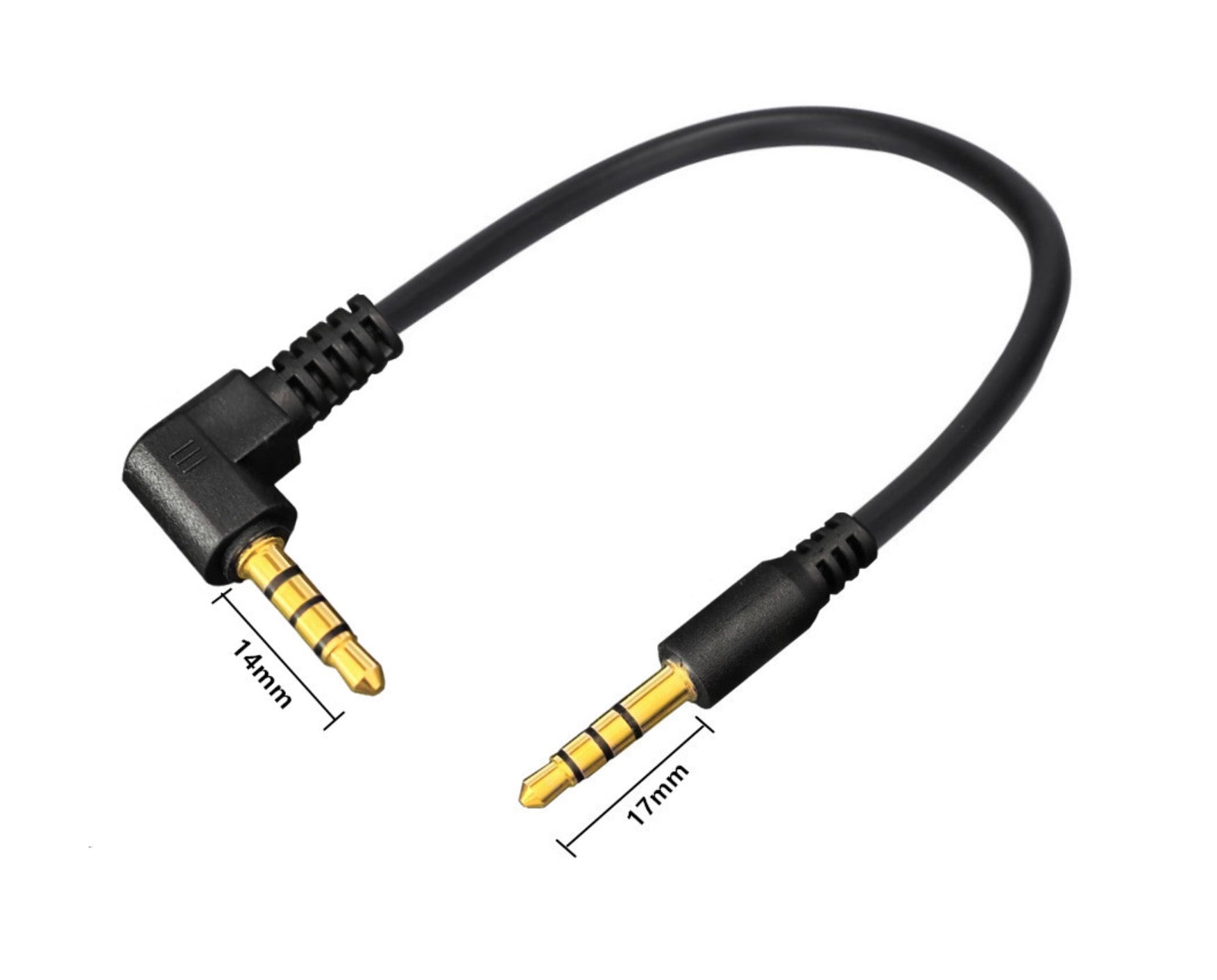 Black audio cable with gold connectors on a white background