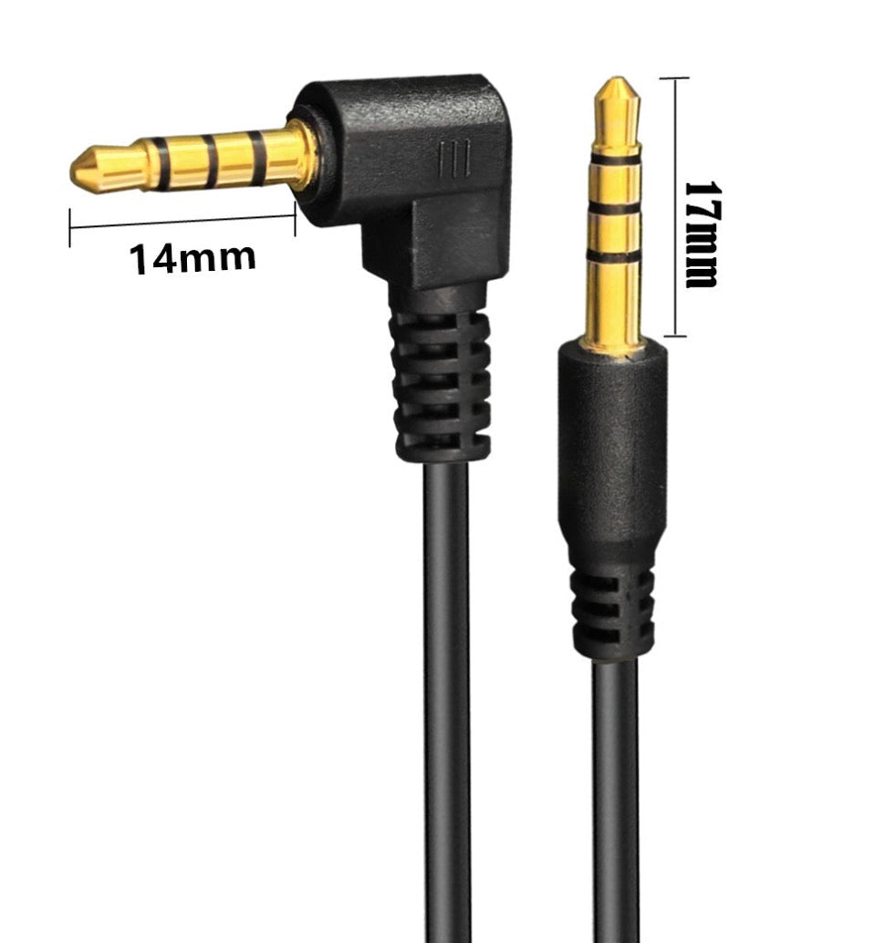 Black audio cable with gold connectors and measurements on a white background