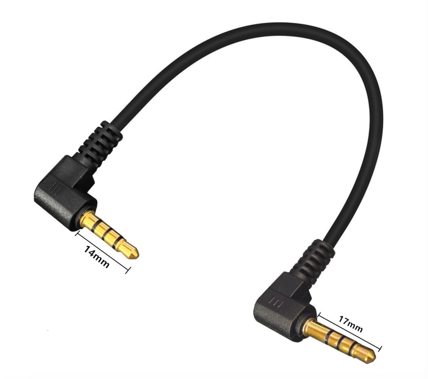 Black audio cable with 3.5mm connectors on a white background