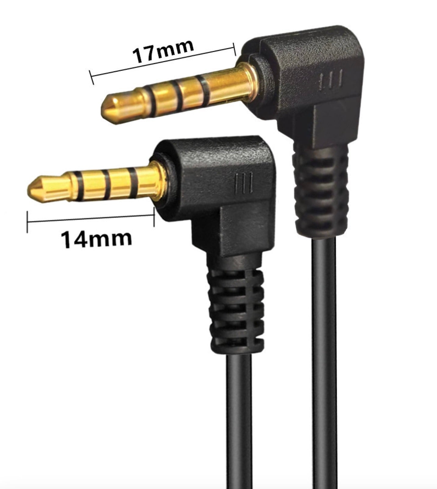 Black audio cable with gold connectors and measurements on a white background