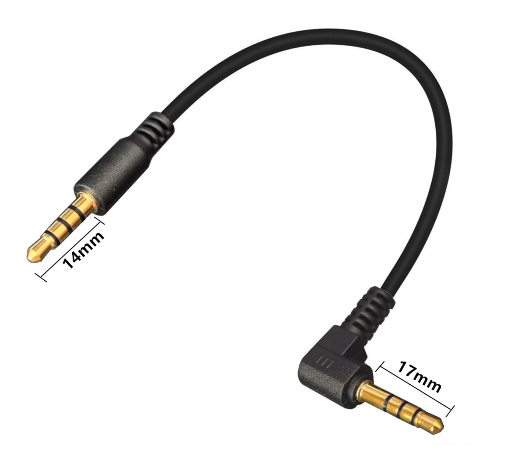 Black audio cable with 3.5mm connectors on a white background