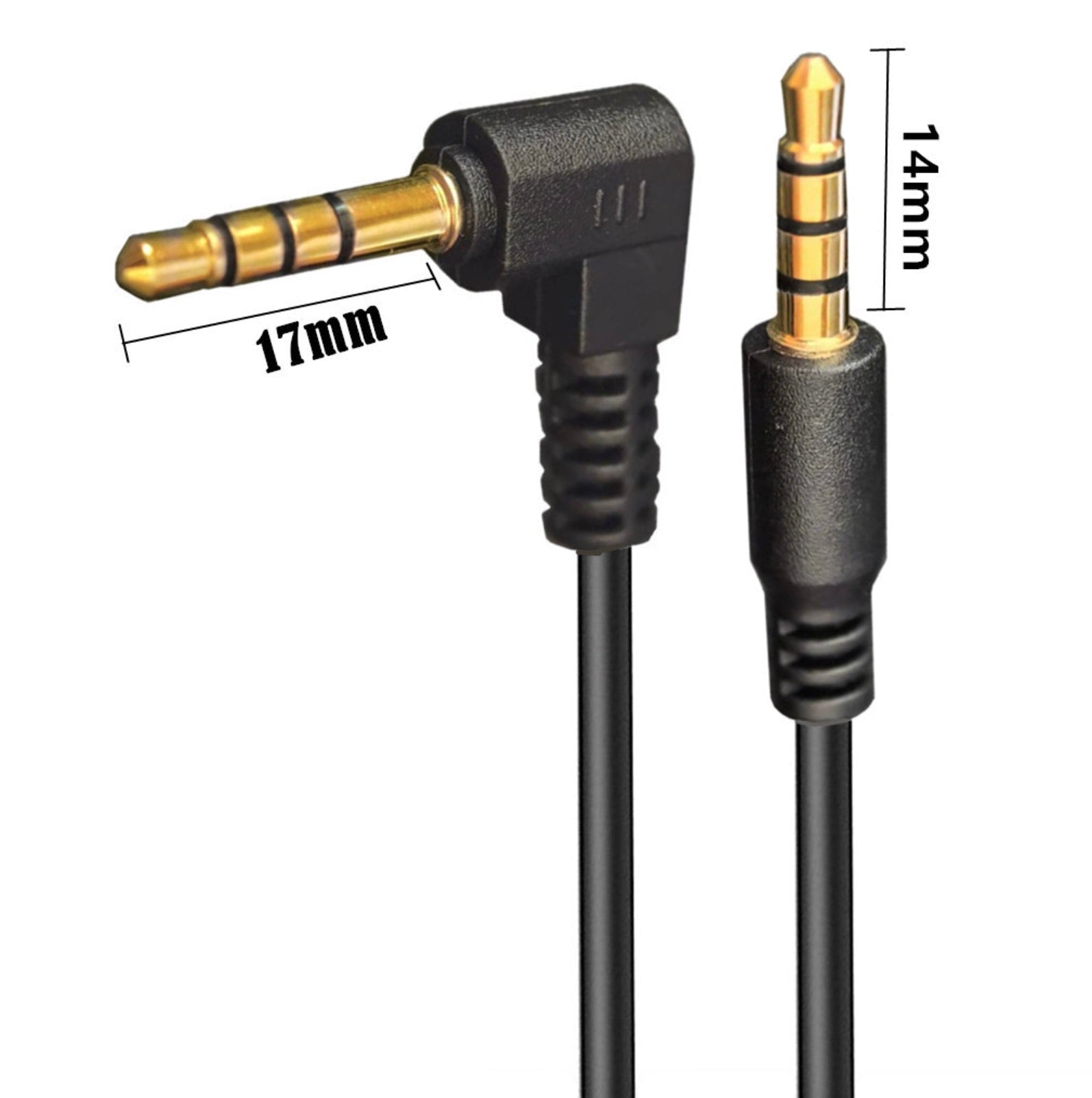 Black audio cable with gold connectors and measurements on a white background