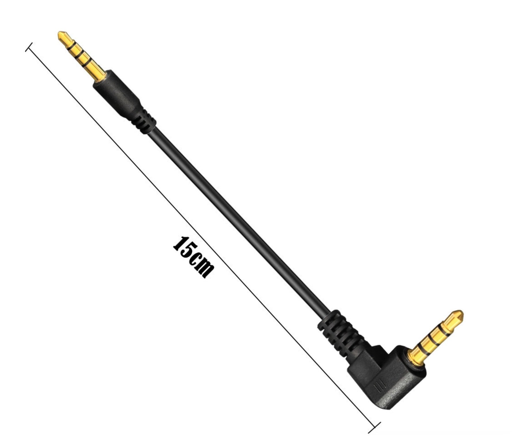Black audio cable with 3.5mm connectors on a white background, showing a measurement of 15cm.