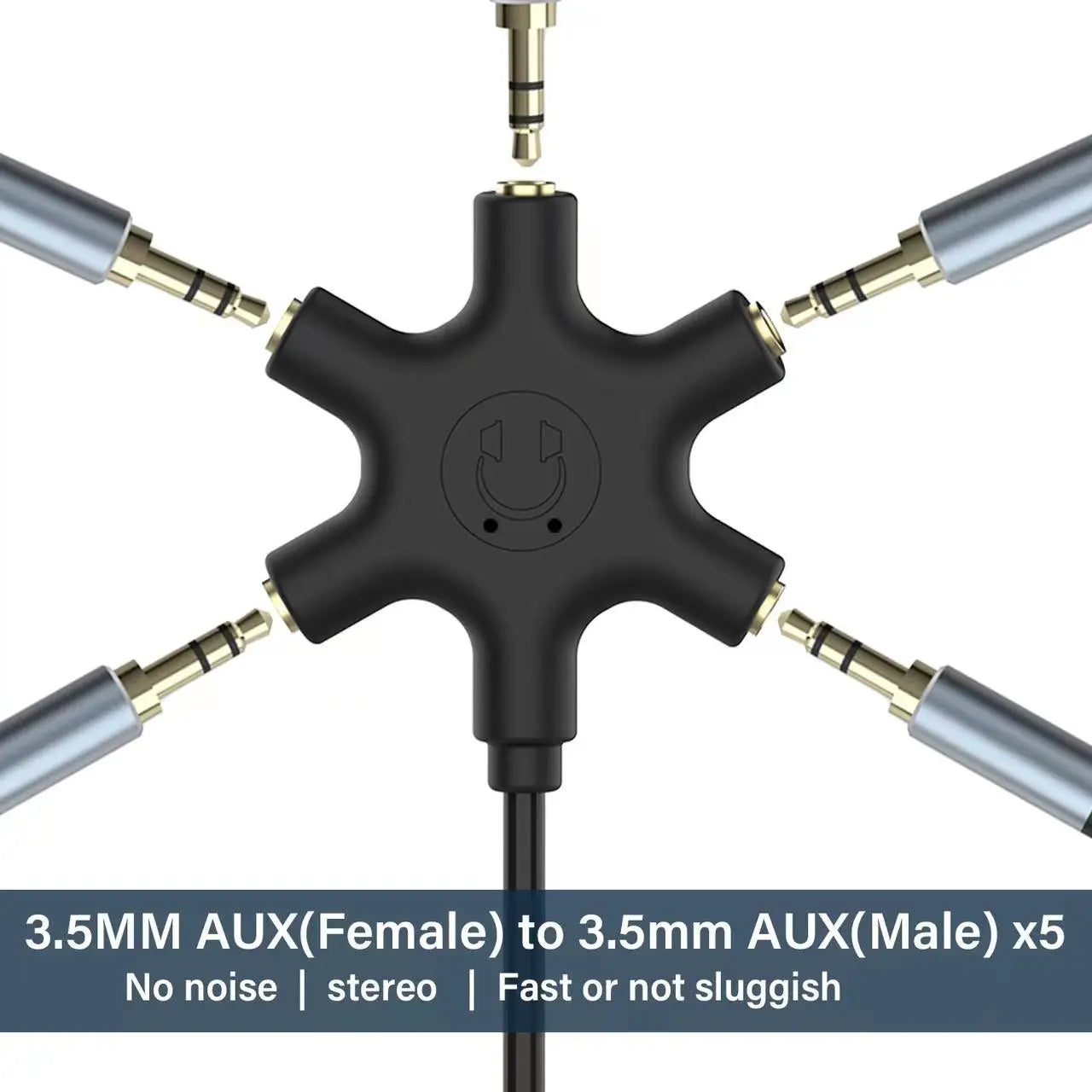 3.5mm male to five female stereo headphone splitter cable for sharing audio with multiple headphones