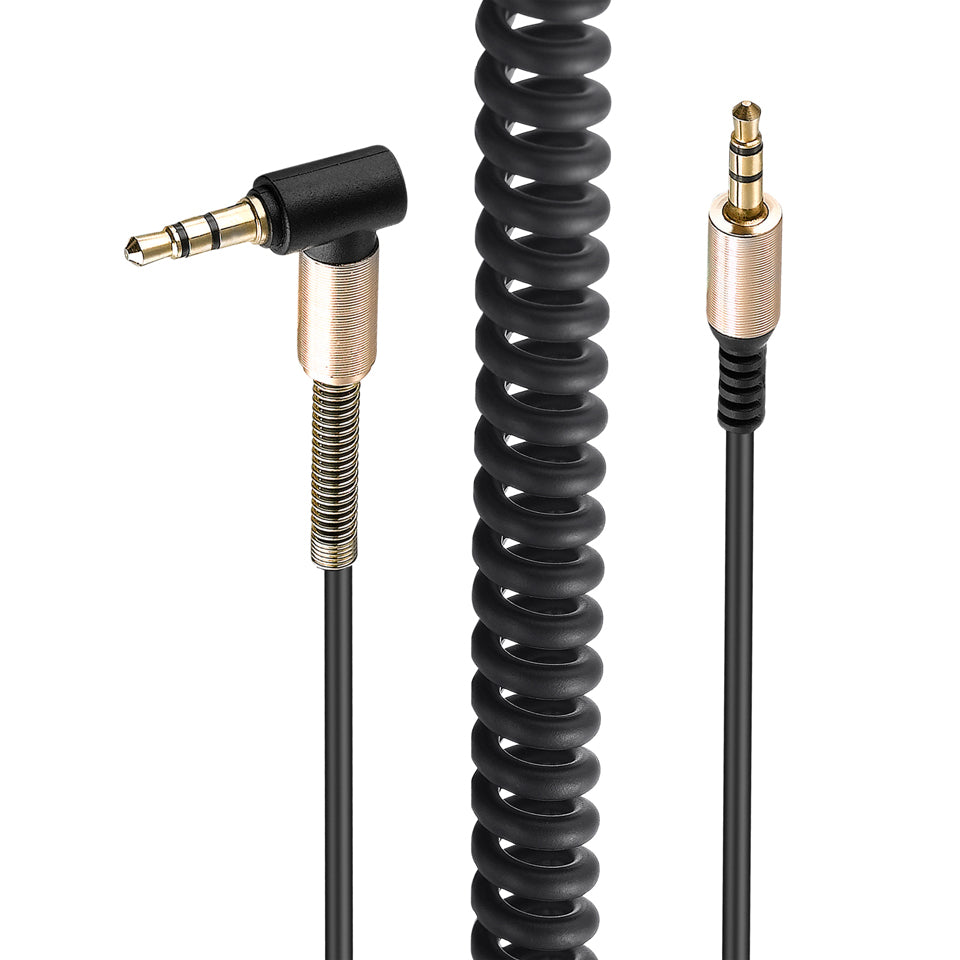 An orange coiled 3.5mm male to male audio cable with gold-plated connectors.