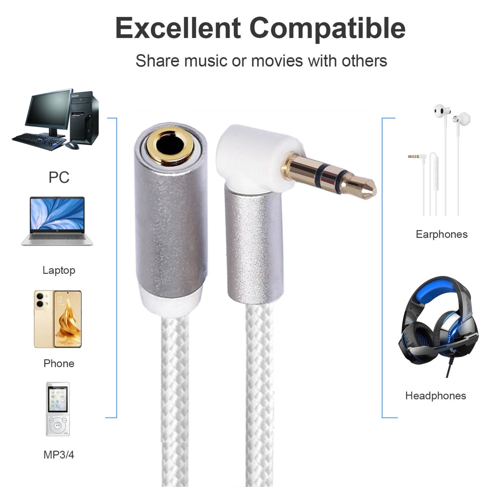 3 pole TRS AUX extension lead white