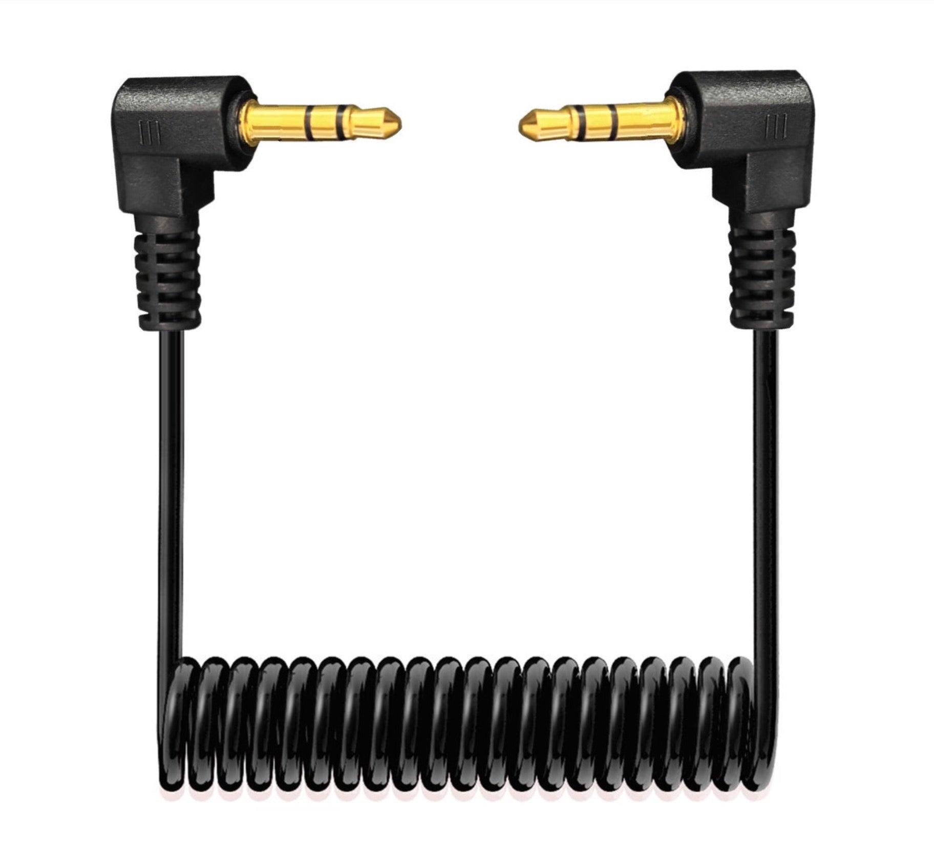 3.5mm TRS male to male coiled stereo AUX headphone cable with right angle plugs black