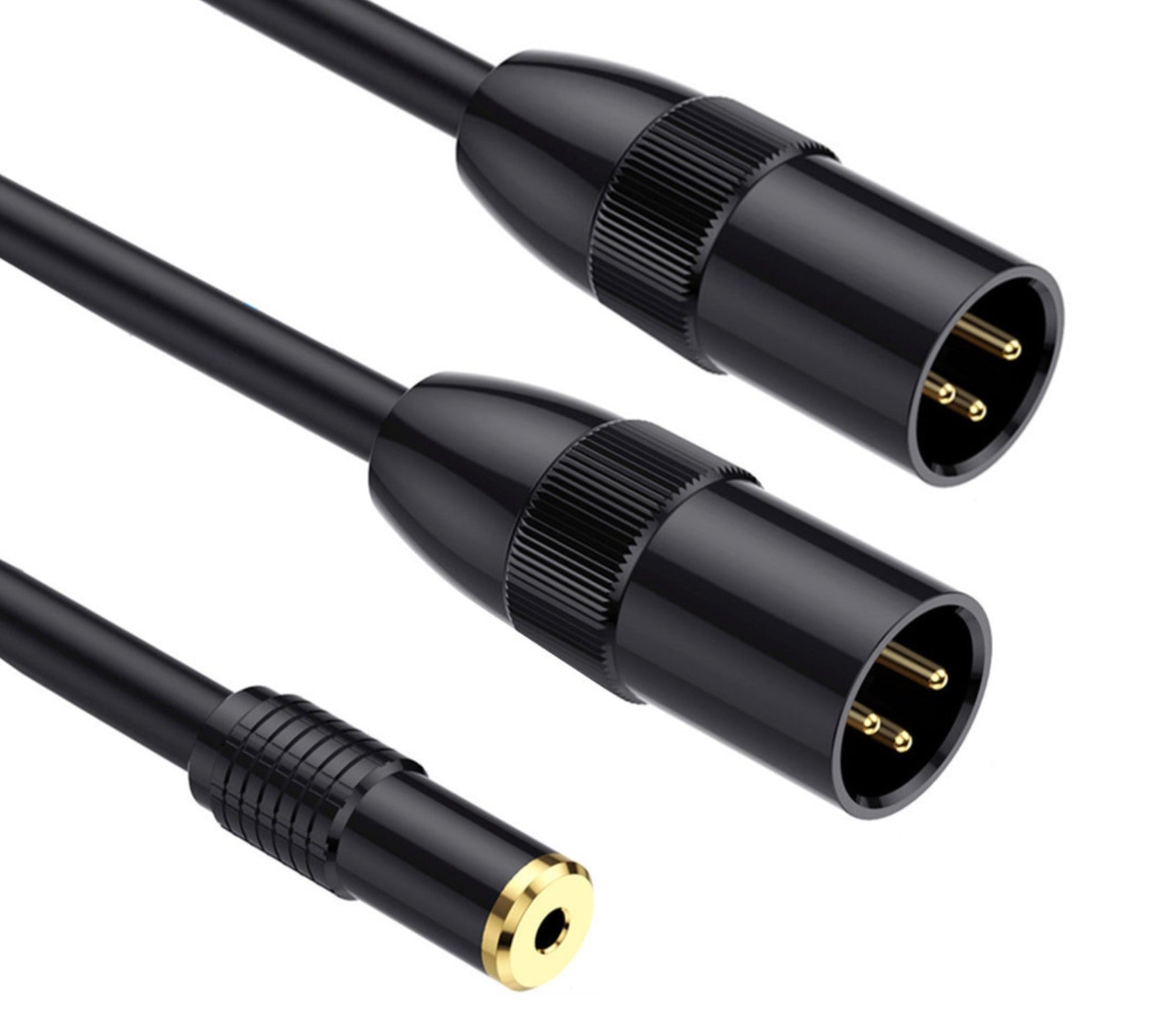 Black audio cable with XLR male and 3.5mm female connectors on a white background