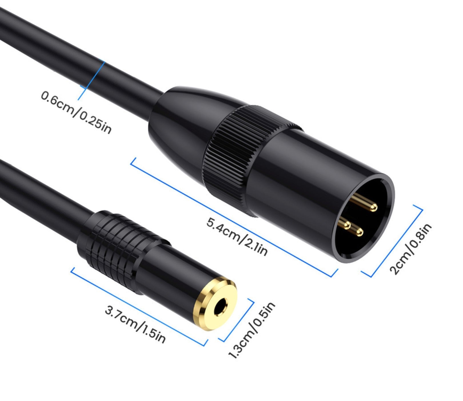 Measurement details of a black audio cable connector on a white background