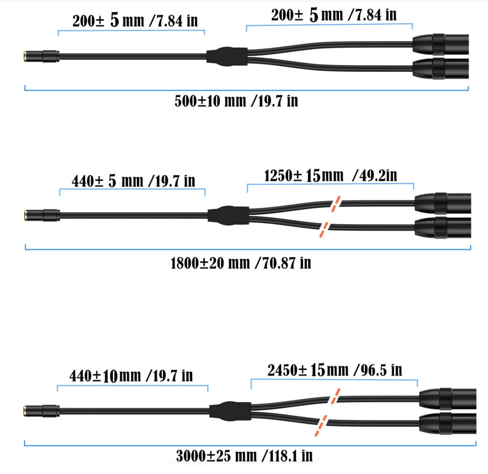 Measurement chart of black cables with labeled lengths on a white background