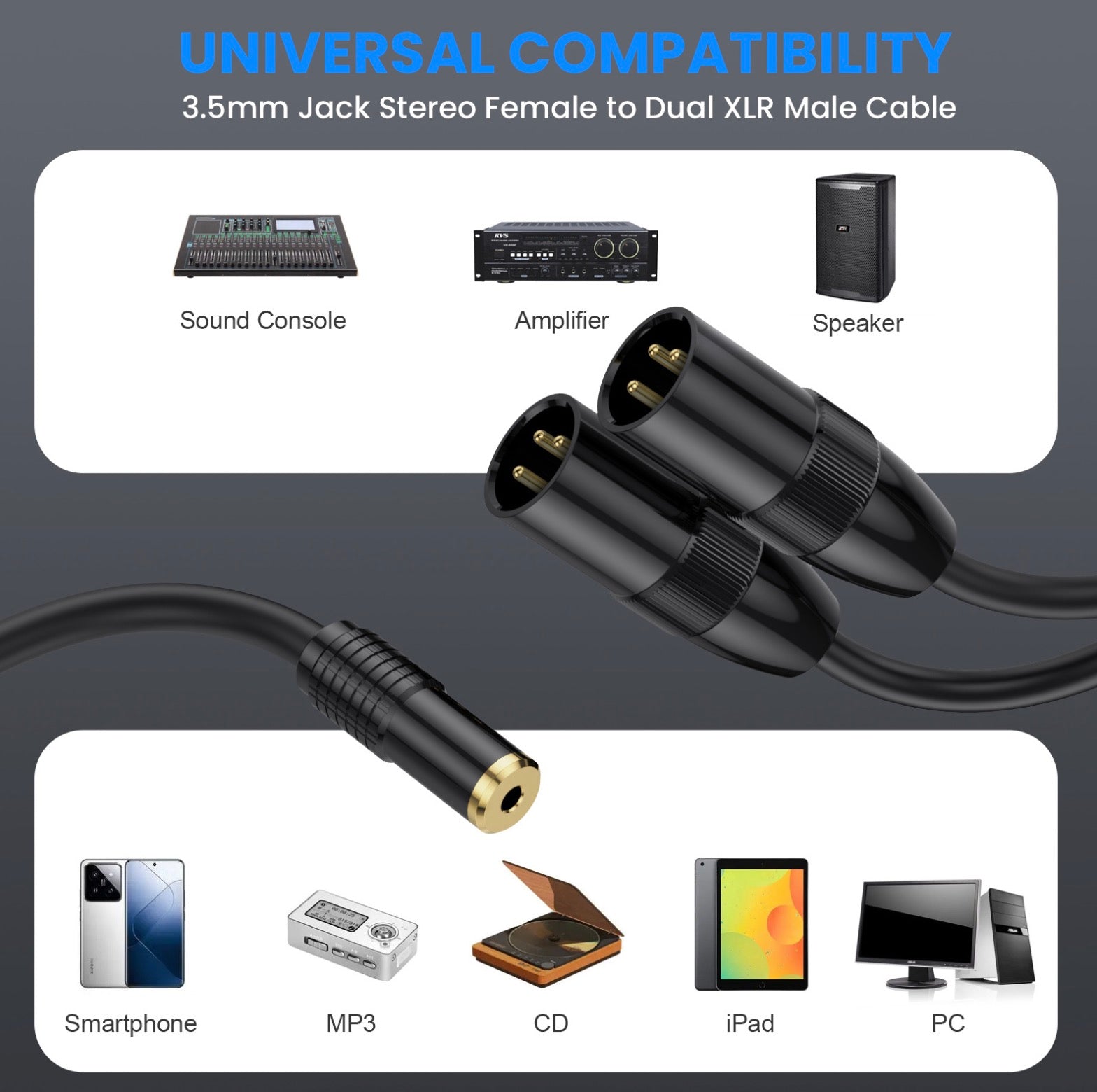 3.5mm female to dual XLR male Y splitter cable