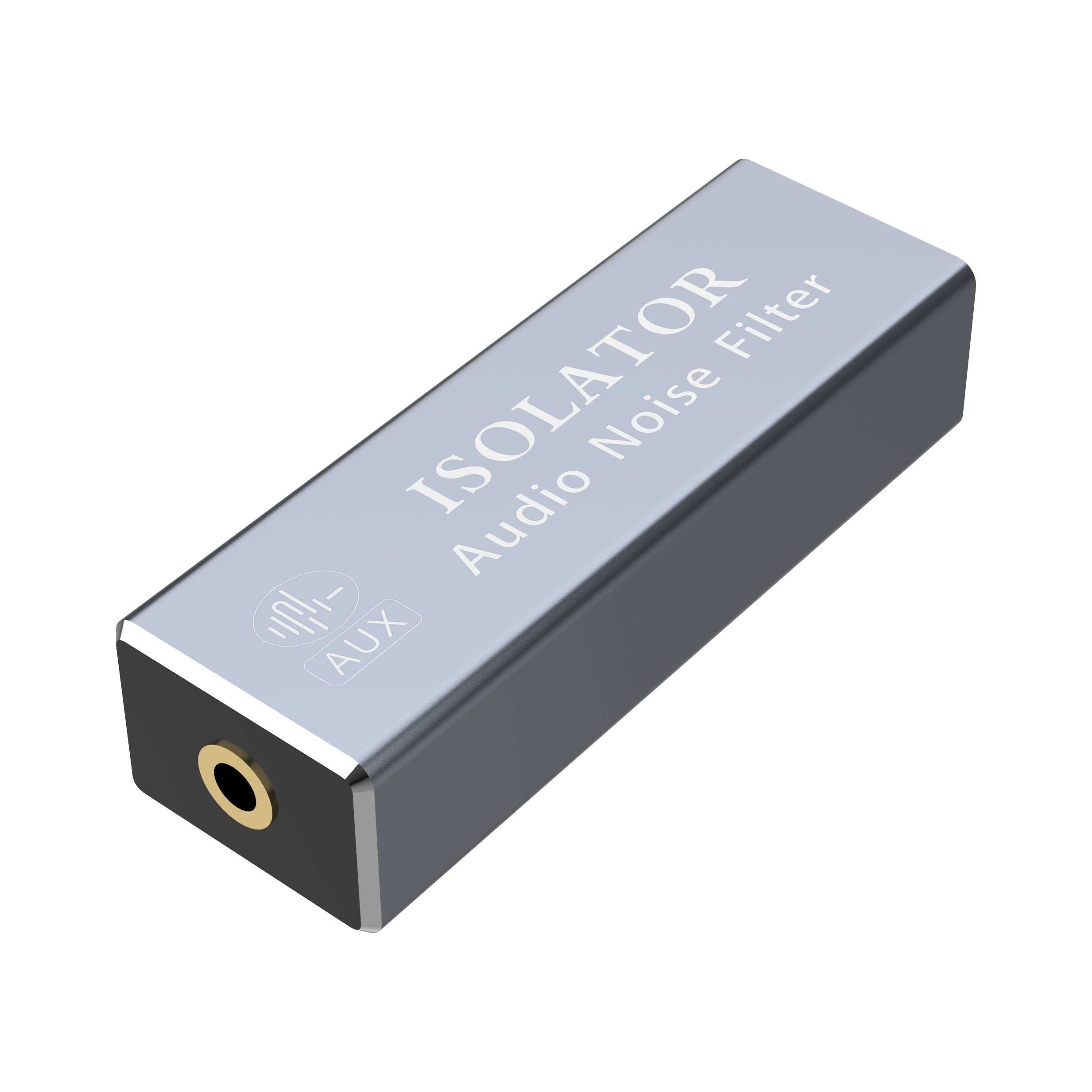 A silver-colored 3.5mm audio adapter with a ground loop filter noise isolator feature, designed for use in car audio/HIFI stereo systems.