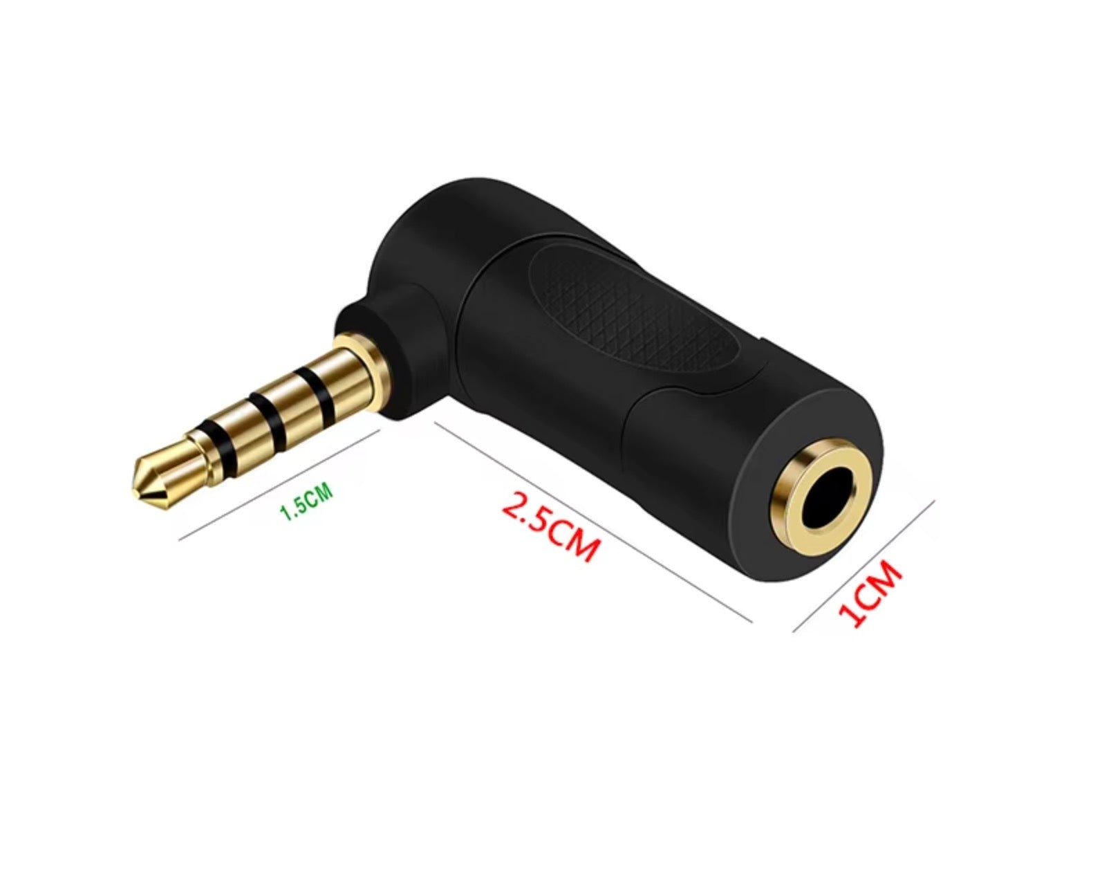 Black audio adapter with gold connectors on a white background.
