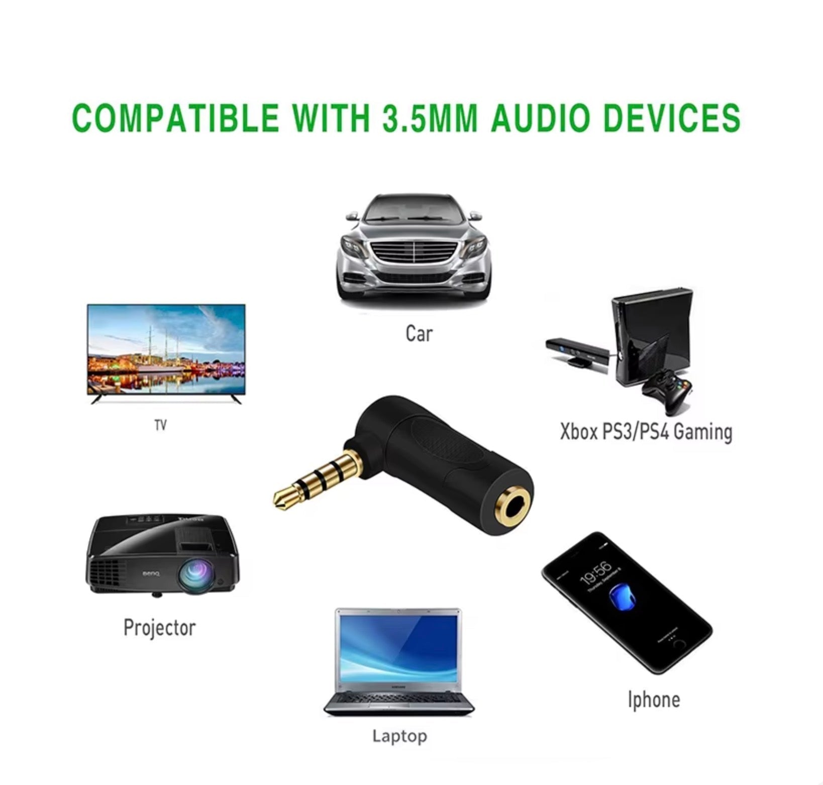 Black 3.5mm audio adapter compatible with various devices on a white background.