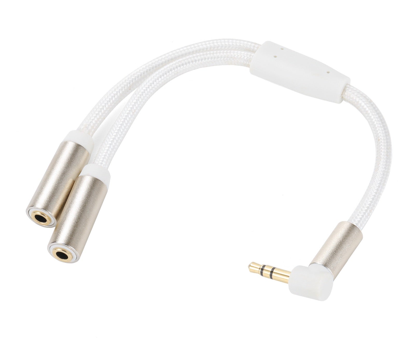 A 3.5mm male to 2 ports 3.5mm female headset splitter cable with white connectors and a braided black cable.