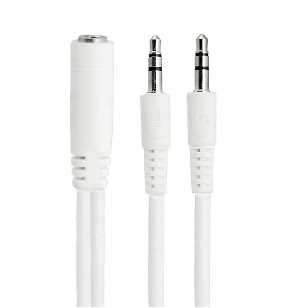 A white 3.5mm male to female jack audio splitter cable with a braided jacket and one male and one female connector.