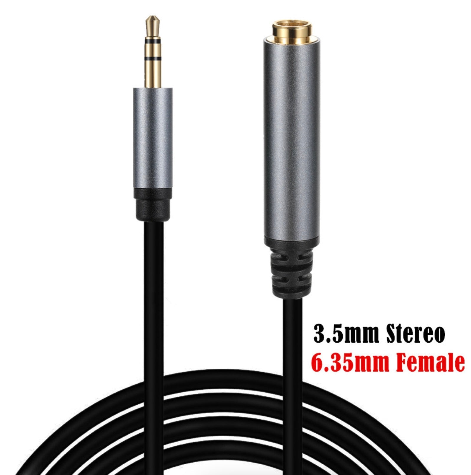 3.5mm stereo to 6.35mm female adapter cable on a white background