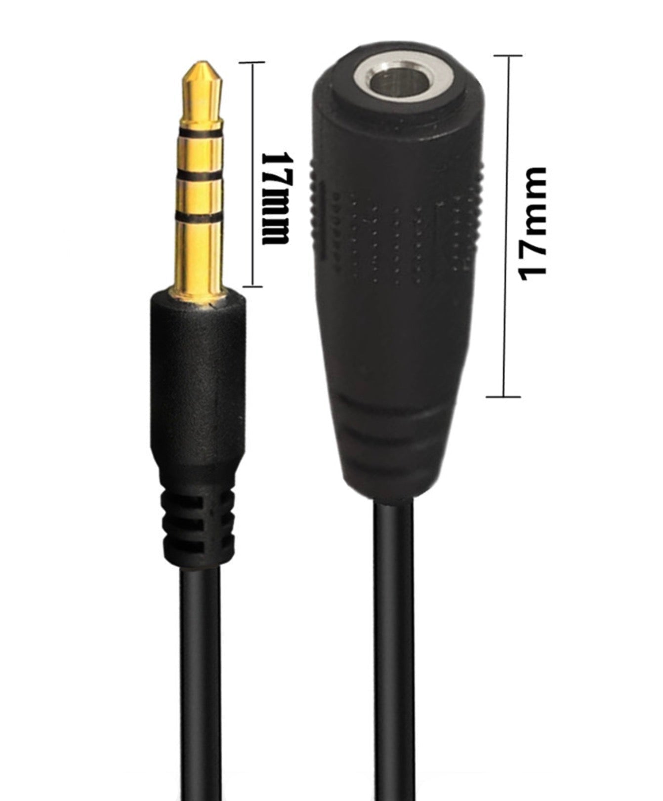 Black audio cable with gold connector and measurements on a white background