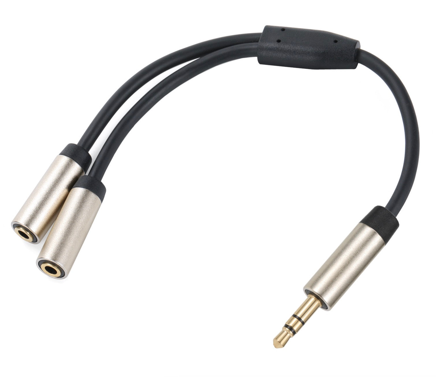 3.5mm male to dual 3.5mm female headphone splitter cable with black connectors and a cotton mesh-braided cable texture.